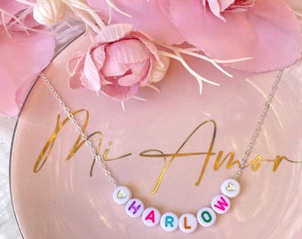 Silver Plated Personalised Children's Name Necklace with Coloured Letters and White/Silver Love Hearts - Girls Birthday Gift, Party Favours