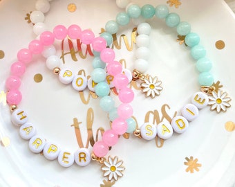Personalised Name Bead Bracelet with Daisy Flower Charm - Pink, Mint or White Colour Option