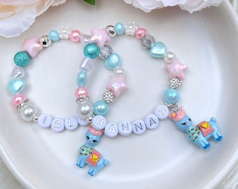 Blue Llama Kids Personalised Name Charm Bracelet - Children's Gift Set with White / Silver Letters