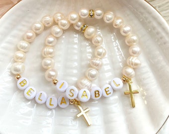 Gold Cross Personalised Name Fresh Water Pearl Bracelet - Made with REAL Pearls!!! Wedding Jewellery - Holy Communion Gift - Baptism Gift