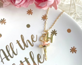 Dancing Ballerina with Personalised Initial Letter Girls Children's Gold Charm Necklace - Dance Recital Gift - Ballet Gift