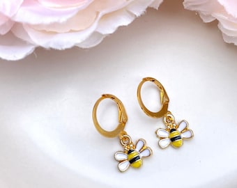 Tiny Bumble Bee 18K Gold Plated Huggie Sleeper Hoop Earrings - Birthday Gift - Girls Earrings - Fun Jewellery