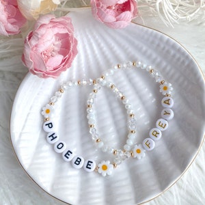 White Daisy Flower Personalised Name Bracelet - Flower Girl Gift