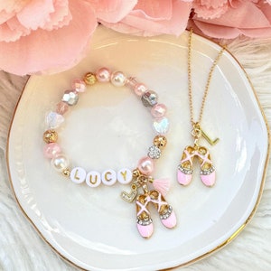 Personalised Name Ballerina Dancer Slippers Charm Bracelet - Children&#39;s Gift Set with White / Gold Letters - Girls Bracelet
