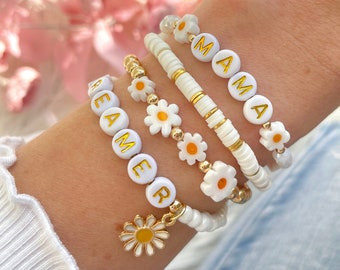 Personalised Name Daisy Flower Charm Bracelet Stack - White/Gold Letter Beads - 4 Different Styles to choose from