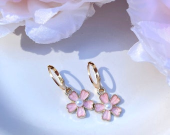 Pink and Pearl Flower 18K Gold Plated Huggie Sleeper Hoop Earrings - Birthday Gift - Girls Earrings - Fun Jewellery