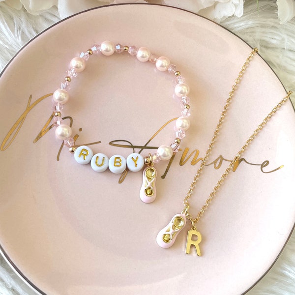 Pink Ballerina Shoe Personalised Name Charm Bracelet - Dance Recital Gift Set with White / Gold Letters