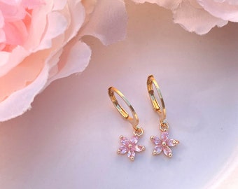 Tiny Dainty Pink Crystal Flower 18K Gold Plated Huggie Sleeper Hoop Earrings
