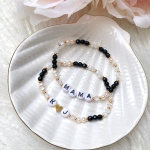 Gold Black and White with REAL Pearls Personalised Name Bracelet - White / Gold Letter Beads OR White Black Letter Beads