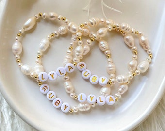 REAL Freshwater Pearl Personalised Bracelet With Gold Beads - Wedding Bracelet - Bride Bridesmaid Hens Party Bracelet Gifts - Flower Girl