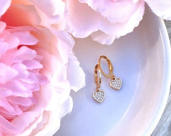 Cubic Zirconia Tiny Dainty Love Heart 18K Gold Plated Huggie Sleeper Hoop Earrings