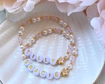 Pink Flower and Pearls Personalised Name Bracelet - Flower Girl Gift Set with White / Gold Letters - Bridal Jewellery