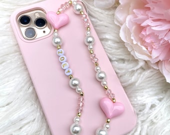 Chunky Pink Love Hearts and Pearls Personalised Name Beaded Phone Charm Wristlet, Iphone Strap - with WHITE / GOLD Letters