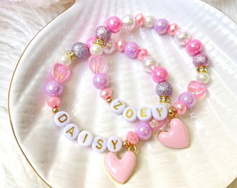 Pink Love Heart Girls Personalised Name Charm Bracelet - Children's Gift Set with White / Gold Letters