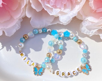 Blue Butterfly Girls Personalised Name Charm Bracelet - with White / Gold Letters - Children's Gift