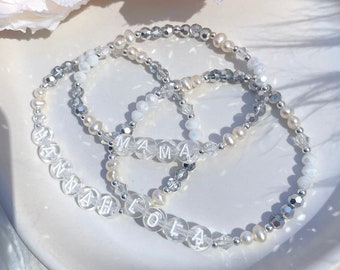 Silver and White with REAL Pearls Personalised Name Bracelet - Clear / White Letter Beads