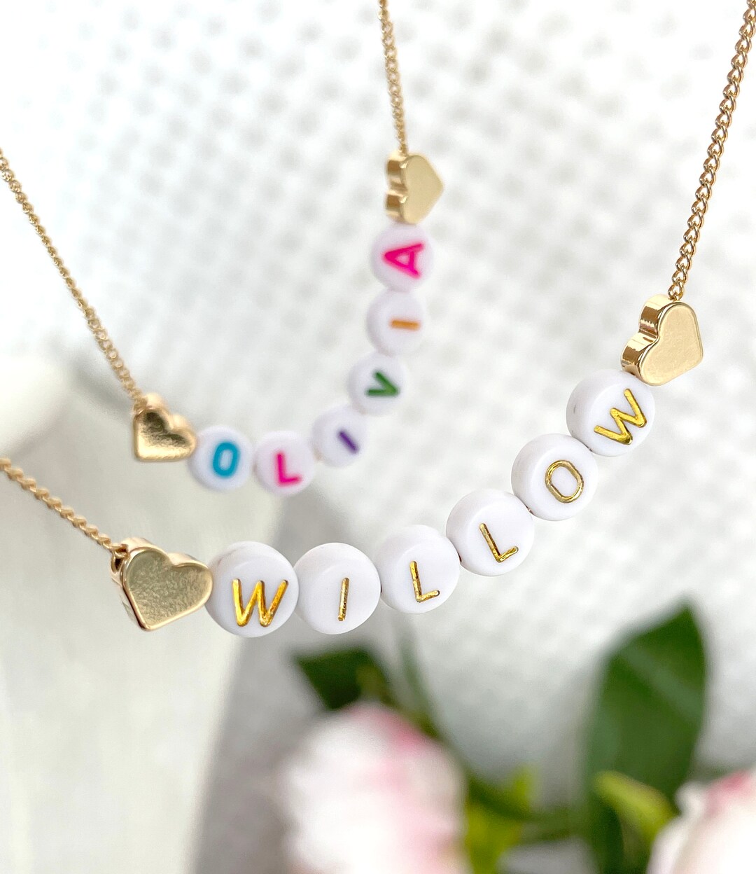 Personalised Children's Name Necklace With 18k Gold Plated Love Hearts