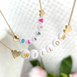 Personalised Children's Name Necklace with 18k Gold Plated Love Hearts Chain Necklace - Girls Birthday Gift, Party Favours