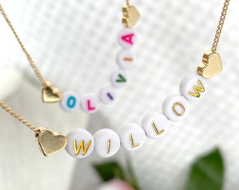 Personalised Children's Name Necklace with 18k Gold Plated Love Hearts Chain Necklace - Girls Birthday Gift, Party Favours