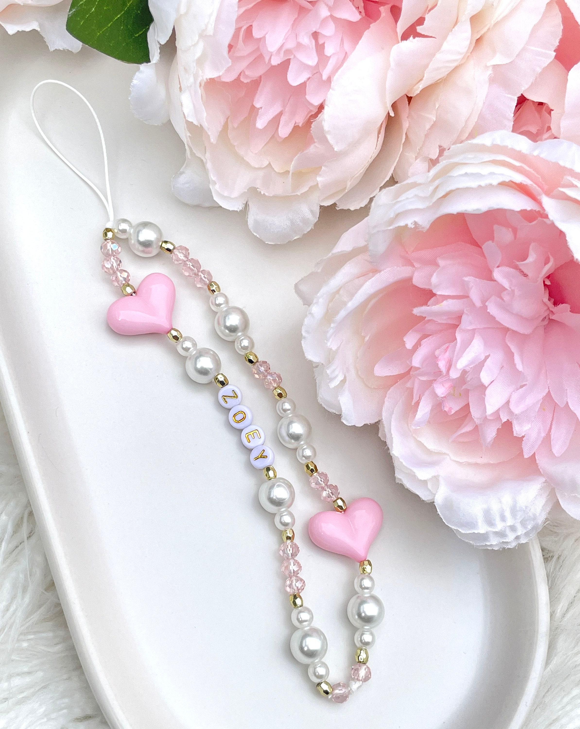 Chunky Pink Love Hearts and Pearls Personalised Name Beaded