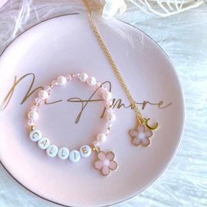 Pink Pearl Personalised Name Flower Charm Bracelet - Flower Girl Gift Set with White / Gold Letters