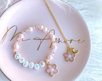 Pink Pearl Personalised Name Flower Charm Bracelet - Flower Girl Gift Set with White / Gold Letters