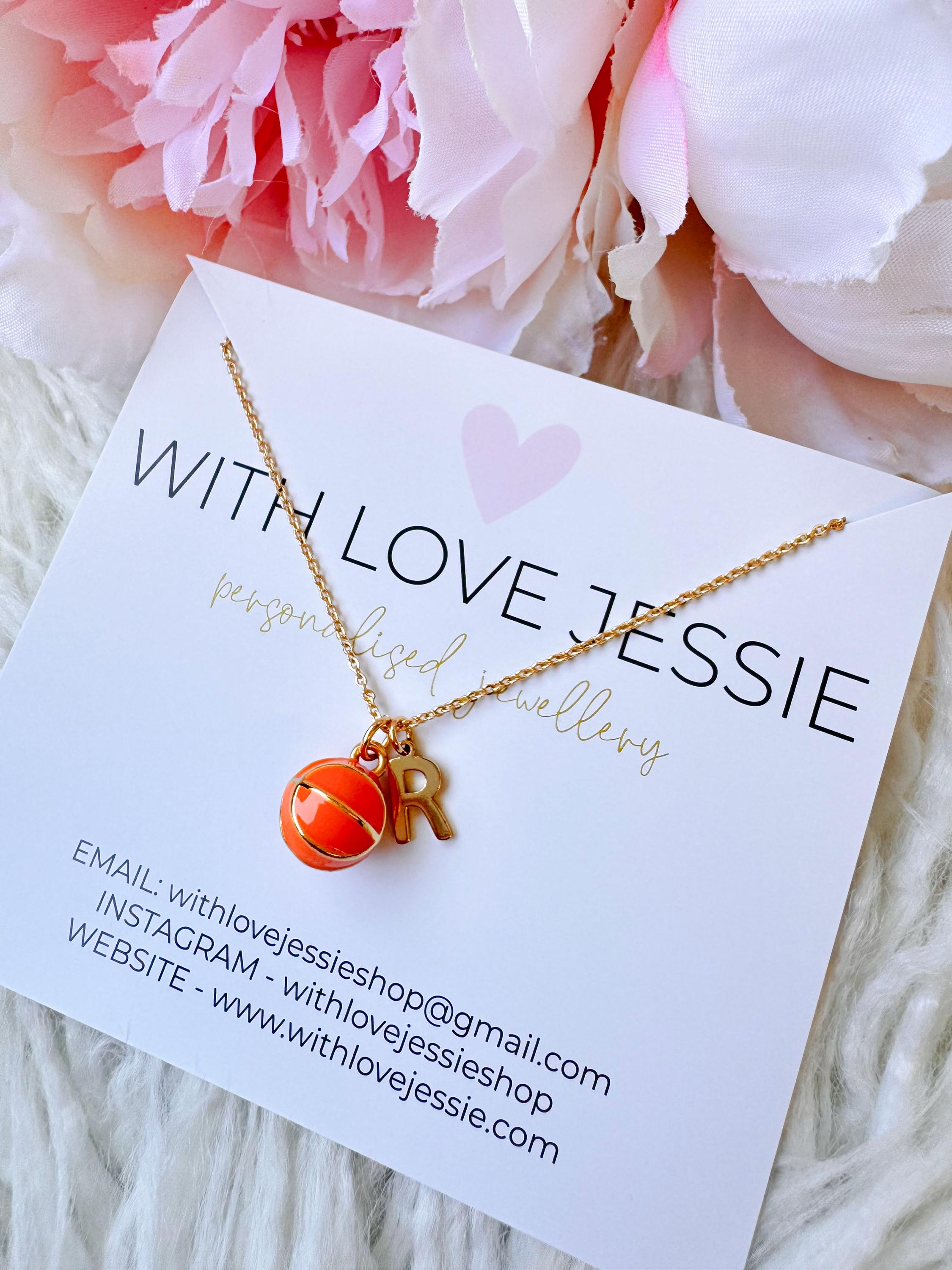 Personalised letter with Basketball Charm Necklace - Team Sport Gift - Gold Waterproof Tarnish Resistant Chain