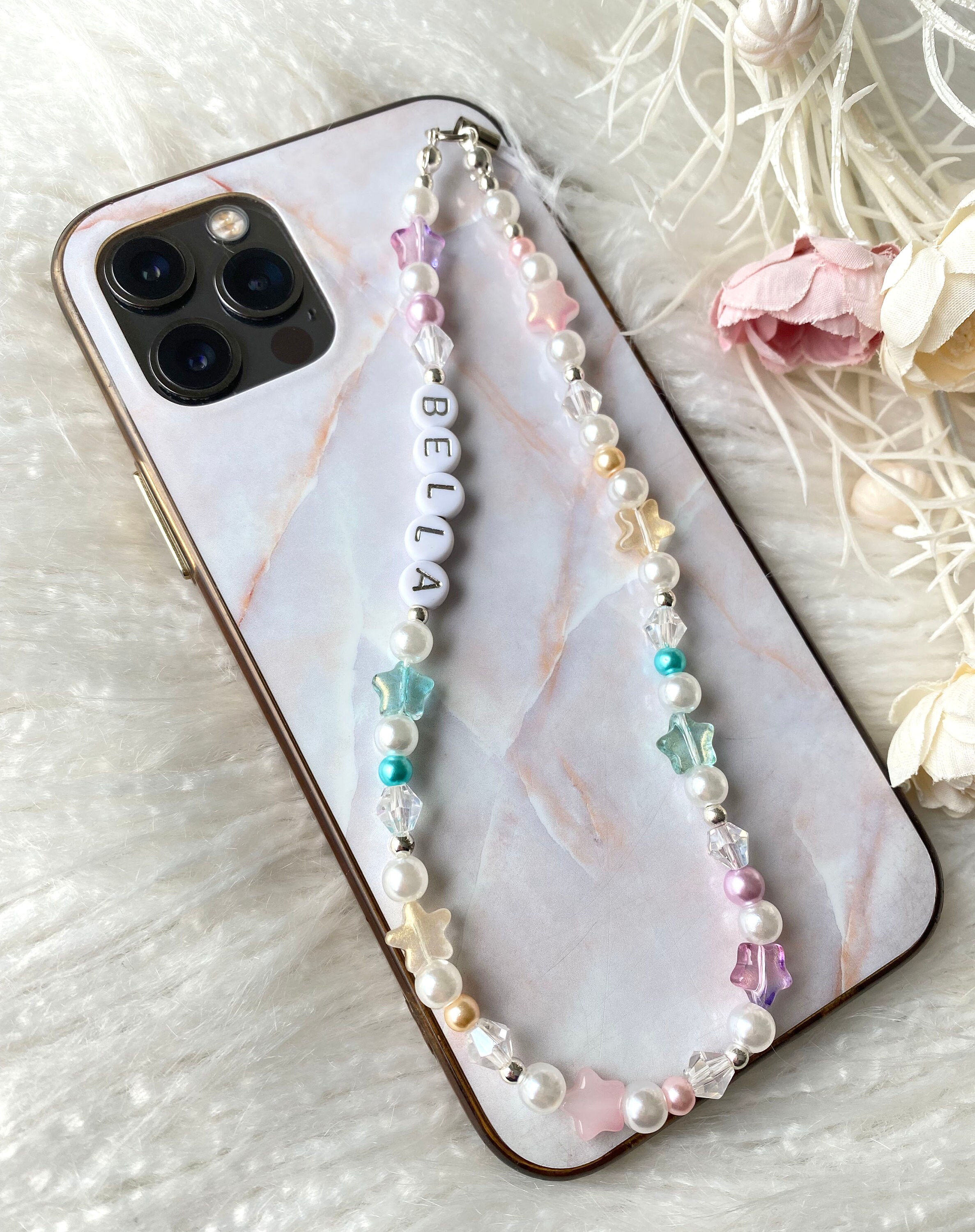 Personalised Name Beaded Phone Charm Wristlet, iPhone Strap All White Pearl  Love Hearts, With WHITE / GOLD Letters and GOLD Love Heart 