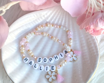 Kids Girls Pastel Pink with REAL Pearls  Personalised Name Bracelet with Flower Charm and Tassel - White / Black Letter Beads