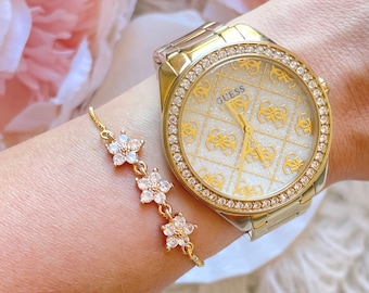 3 Crystal Flower Dainty Gold Adjustable Slider Chain Bracelet  - LONG LASTING Gold Plated - Bridal Jewellery - Bridesmaid Gift - Flower Girl