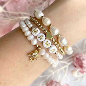 Pearl and Gold Personalised Name Bracelet - Boy Mum - Girl Mum - Mother's Day Gift - 4 Different Styles to choose from