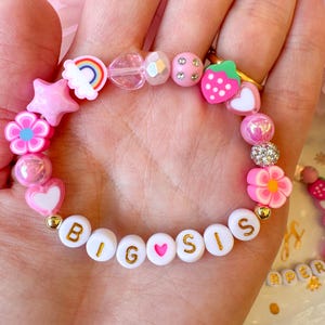 Pink Fun Favourites Kids Girls Bright Personalised Name Bracelet, White / Gold Letter Beads - Children's Jewellery / Big Sister Bracelet