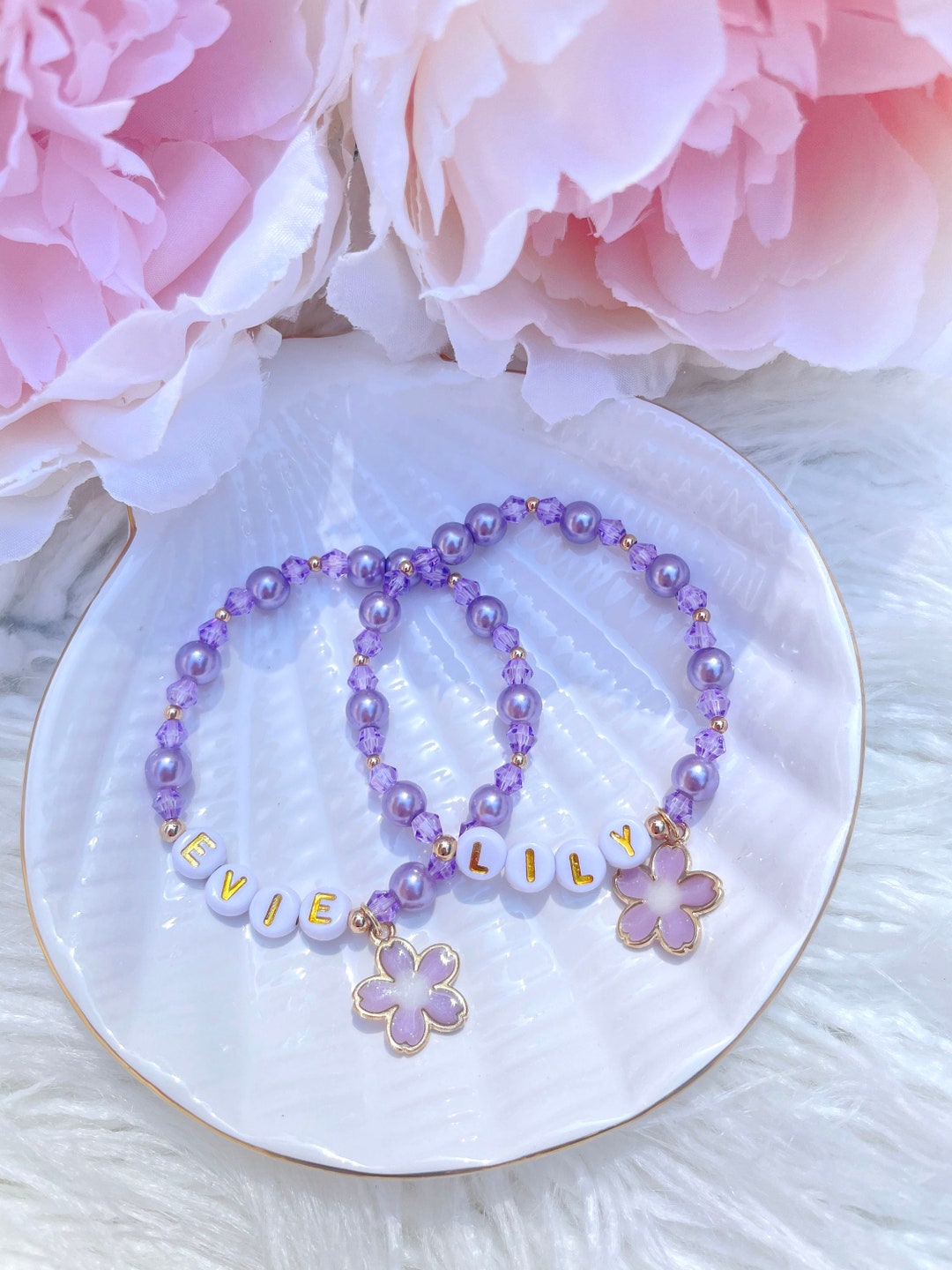 Purple Pearl Personalised Name Flower Charm Bracelet White