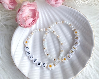 White Daisy Flower Personalised Name Bracelet - Flower Girl Gift