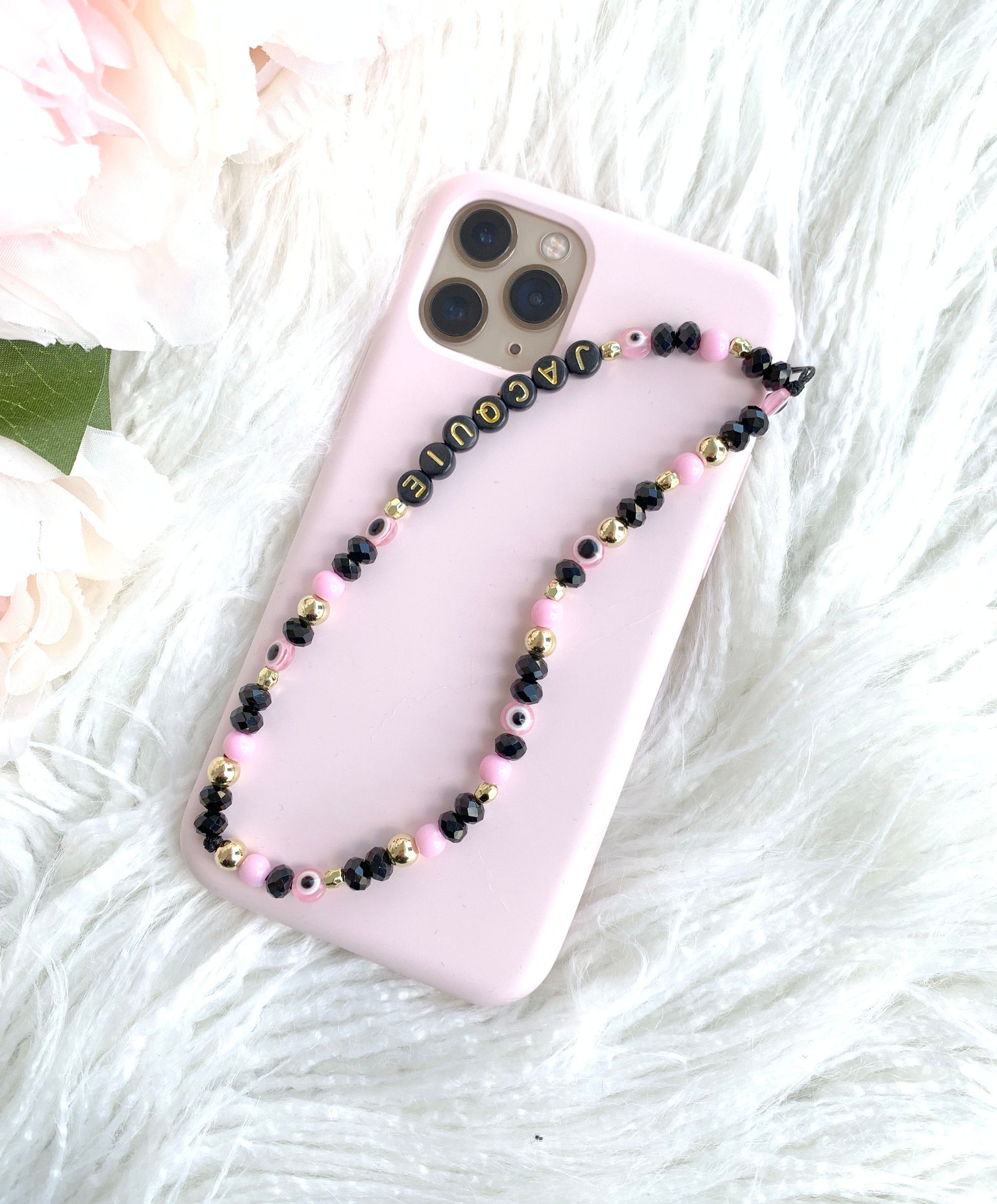 Personalised Name Beaded Phone Charm Wristlet Iphone Strap Etsy