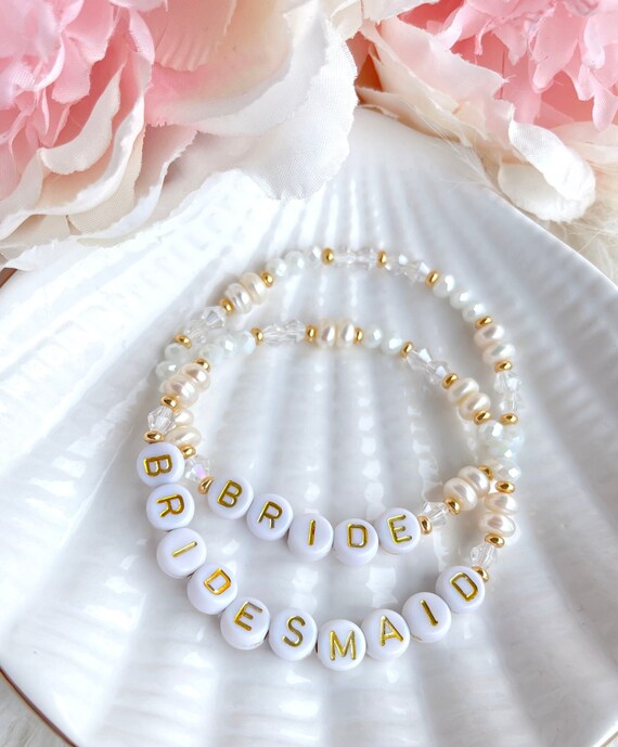 White and Gold Pearl Mix Personalised Name Bracelet White Gold