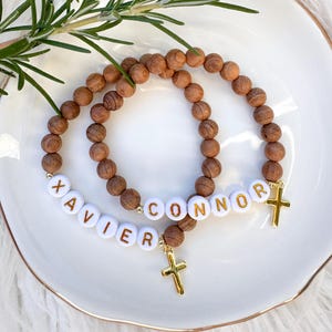Boys Communion Wooden and Gold Cross Bracelet - Personalised Name Baptism Christian Gift - Kids and Adult Sizes available