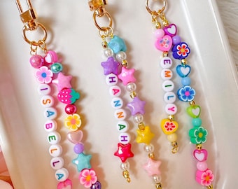 Bright Colourful Keyring - Personalised Name Keychain - Bag Charm Dangle - 3 styles to choose from - Fruit Stars Flowers