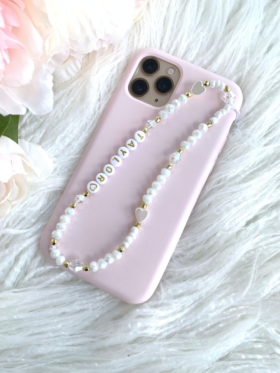 Personalised Name Beaded Phone Charm Wristlet, iPhone Strap All White Pearl  Love Hearts, With WHITE / GOLD Letters and GOLD Love Heart 