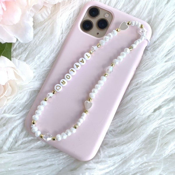 Personalised Name Beaded Phone Charm Wristlet, Iphone Strap - All White - Pearl Love Hearts, with WHITE / GOLD Letters and GOLD Love Heart