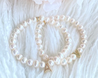 Gold Initial Letter with Fresh Water Pearls Custom Name Bracelet - Made with REAL Pearls!!! - Flower Girl Gift - Bride Wedding Bracelet
