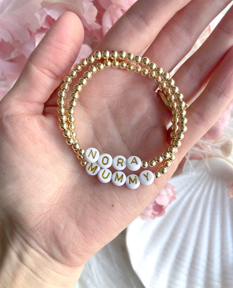 14K GOLD FILLED Personalised Name Everyday Essential Bracelet White / Gold Letter Beads image 2