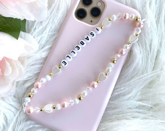 Personalised Name Beaded Phone Charm Wristlet, Iphone Strap - Pearls Love Hearts, Pink Pearls with White / Black Letters