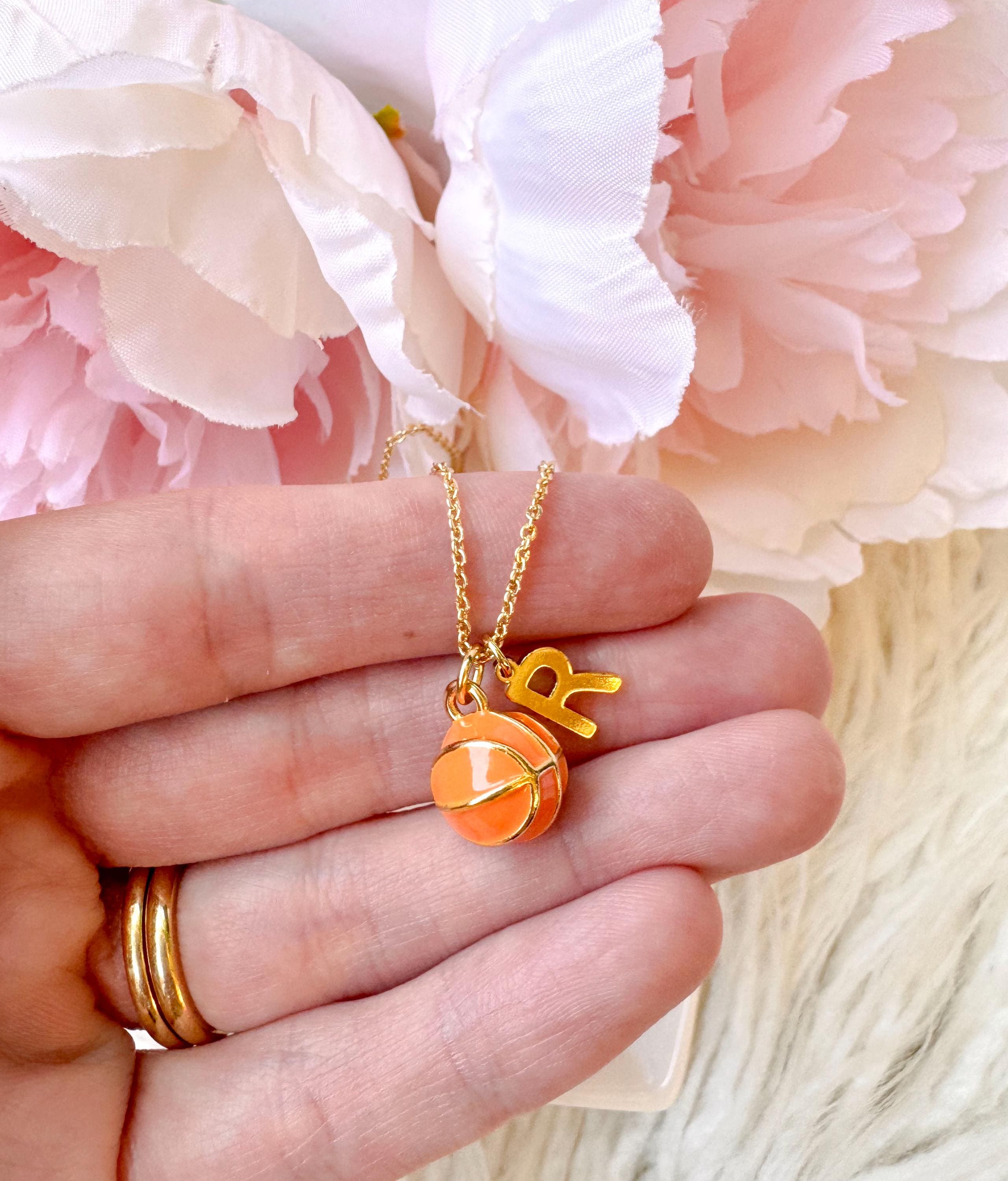 Personalised letter with Basketball Charm Necklace - Team Sport Gift - Gold Waterproof Tarnish Resistant Chain