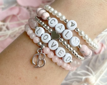 Silver and Pink With Rose Quartz Personalised Name and Initial Stack - 5 Different Styles to choose from - Adult and Children's Sizes