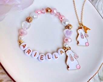 Easter Bunny Rabbit Pearl Personalised Name Bracelet and Necklace Set - Children's Jewellery