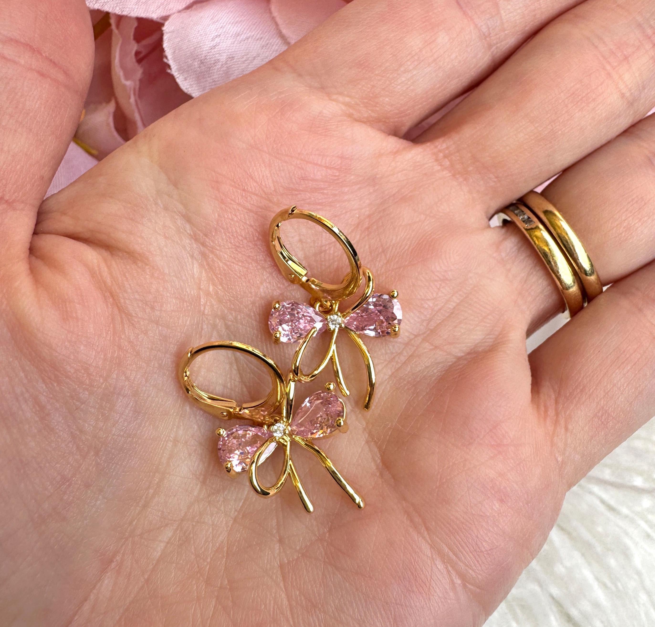 Pink Crystal Bow Ribbon Flower 18K Gold Plated Huggie Sleeper Hoop Earrings - On Trend Jewellery