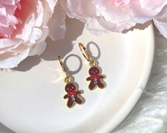 Boucles d'oreilles de Noël bonhomme en pain d'épice plaquées or 18 carats Huggie Sleeper - Bijoux pour enfants - Cadeau de Noël