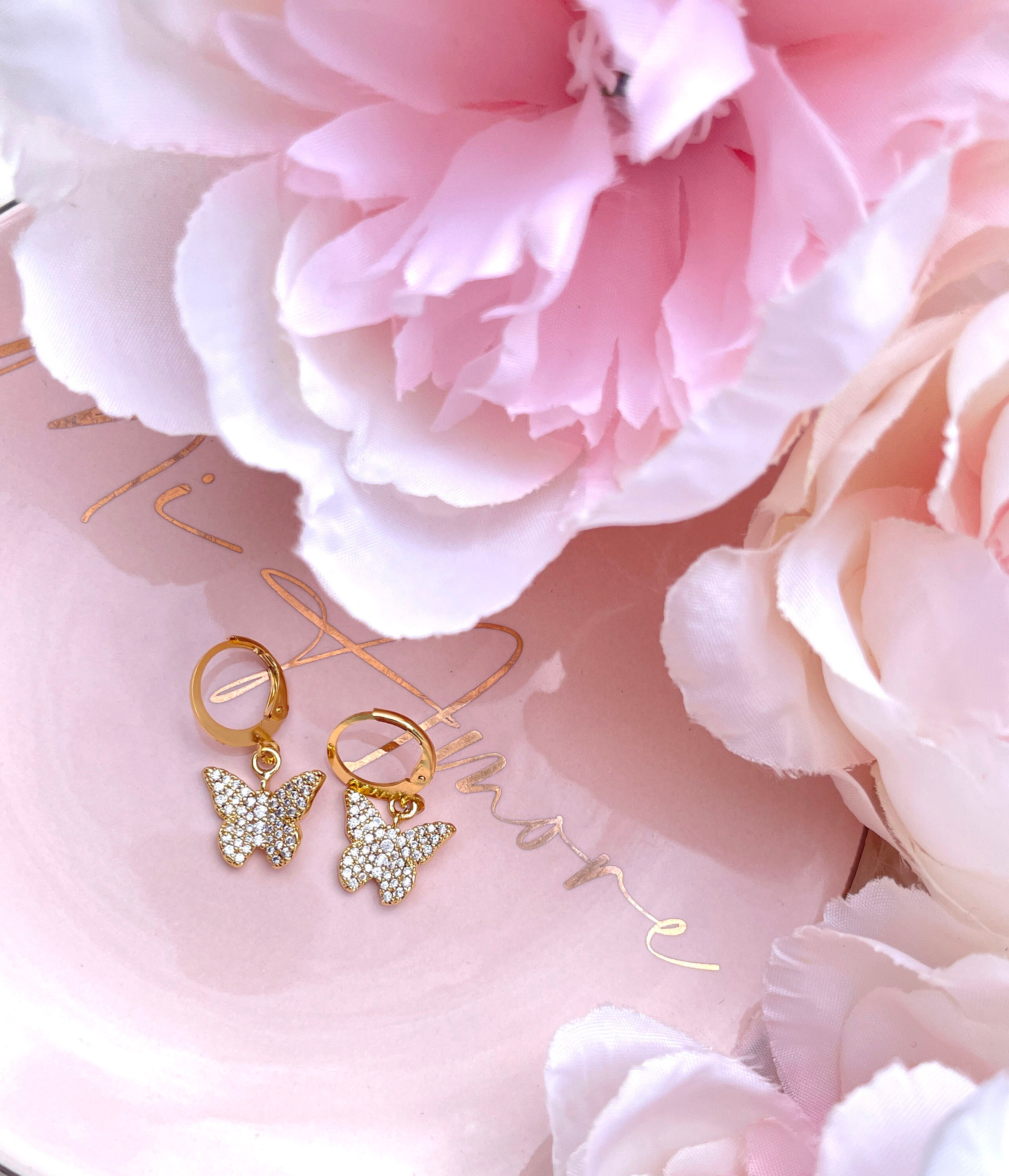 Crystal Butterfly 18K Gold Plated Huggie Sleeper Hoop Earrings