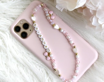 Personalised Name Beaded Phone Charm Wristlet, Iphone Strap - Pink and White with Bow Metal Charm - WHITE / GOLD Letters and GOLD Love Heart